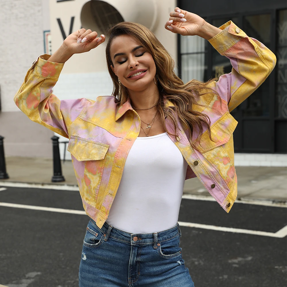 

Women's Denim Jacket Za Fashion 2021 Spring Autumn Streetwear Tie dye Spring Jean Jackets Button Short Outwear Chic Mujer Tops