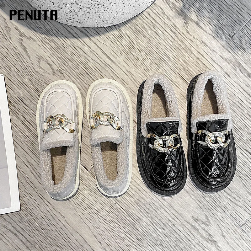 

Plaid Shoes For Women Flat Winter Shoes Women Black Beige Spring Comfortable Flat Shoes With Chains Furry Zapatos Mujer F008P