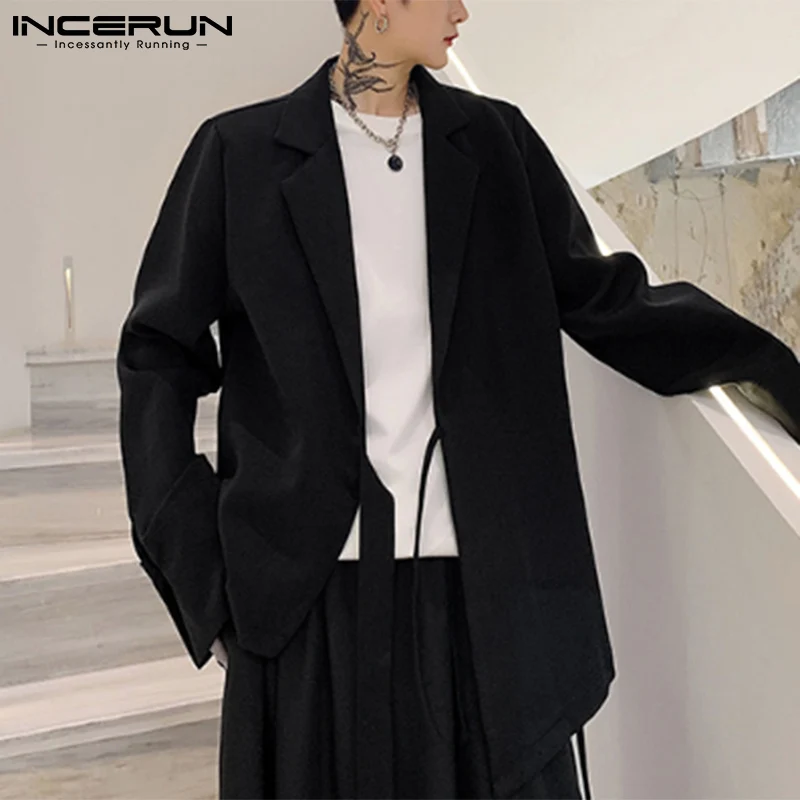 

Fashion Men Casual Blazer Solid Color Lapel 2021 Long Sleeve Irregular Men Suits Streetwear Lace Up Elegant Thin Coats INCERUN