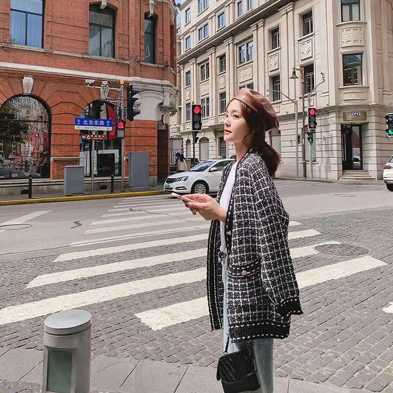 

2021 New Coat Women's Loose Sweater Autumn Korean-Style Plaid Knitted Cardigan
