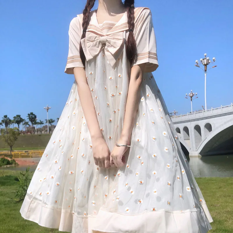 

Japanese Lolita Style Teenagers Girl Summer Dress Floral Empire Kawaii Ruffles Dress Women Sweet Peter Pan Collar Bowknots Ditsy