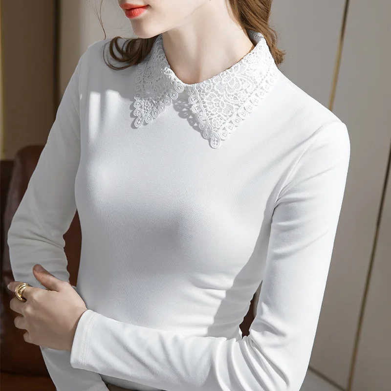 

Hollow lace lapel bottoming shirt women spring and autumn wear long-sleeved cotton t-shirt tight-fitting bottoming shirt