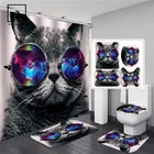 Крутая кошка с животными напечатанная ванная комната набор занавеска для душа с противоскользящей ванной фланелевые коврики домашний ковер дверные коврики крышки для туалета