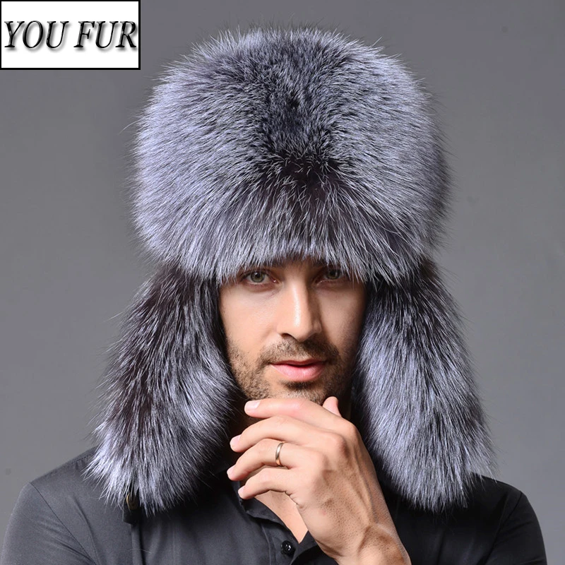 

2023 New Men Outdoor Winter Natural Real Fox Fur Bombers Hats Warm Soft Quality Real Raccoon Fur Cap Real Sheepskin Leather Hat