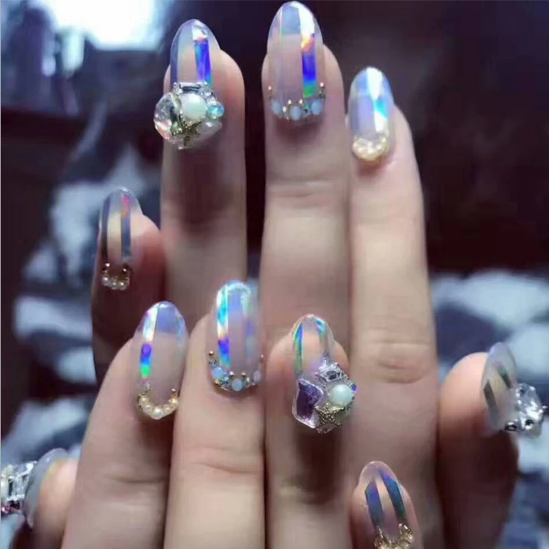 Звездное небо лазерная фотография чистый серебряный золотой дизайн ногтей