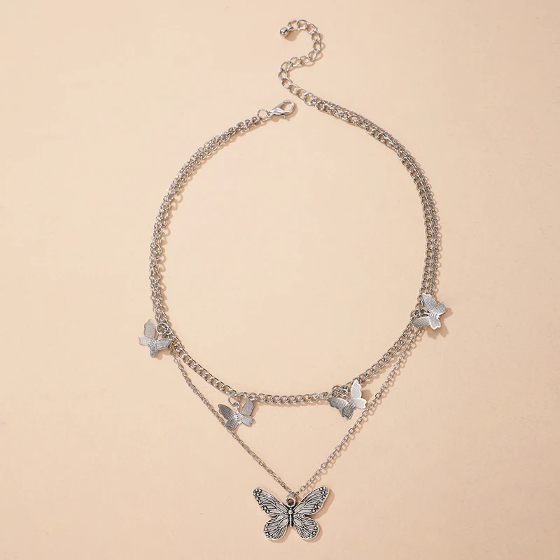 Женское ожерелье с подвеской-бабочкой Tocona винтажное серебристое многослойное