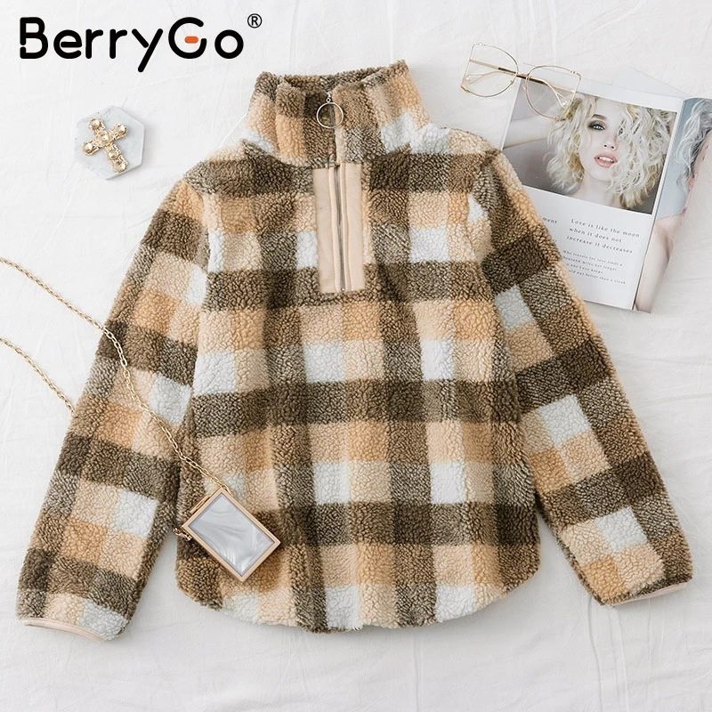 Женская водолазка BerryGo клетчатая кофта на молнии с длинным рукавом Повседневная