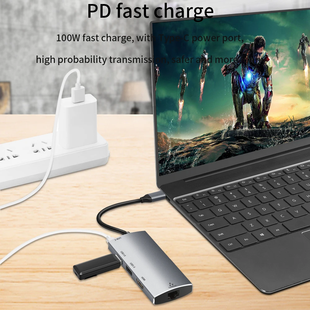 Usb-концентратор TISHRIC с Type C на HDMI-совместимый Rj45 USB2.0 конвертер 4K кабель для MacBook Huawei