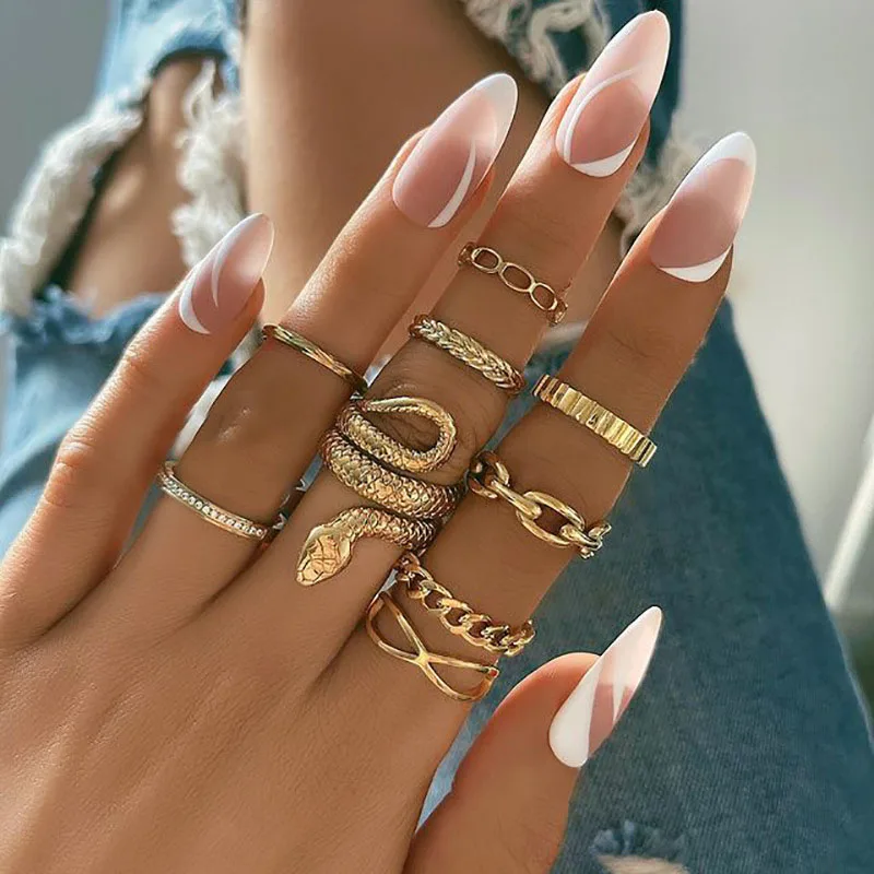 

HMES Vintage Fashion Ring Set Woman Snake Rose Pearl Cross Ring Gift