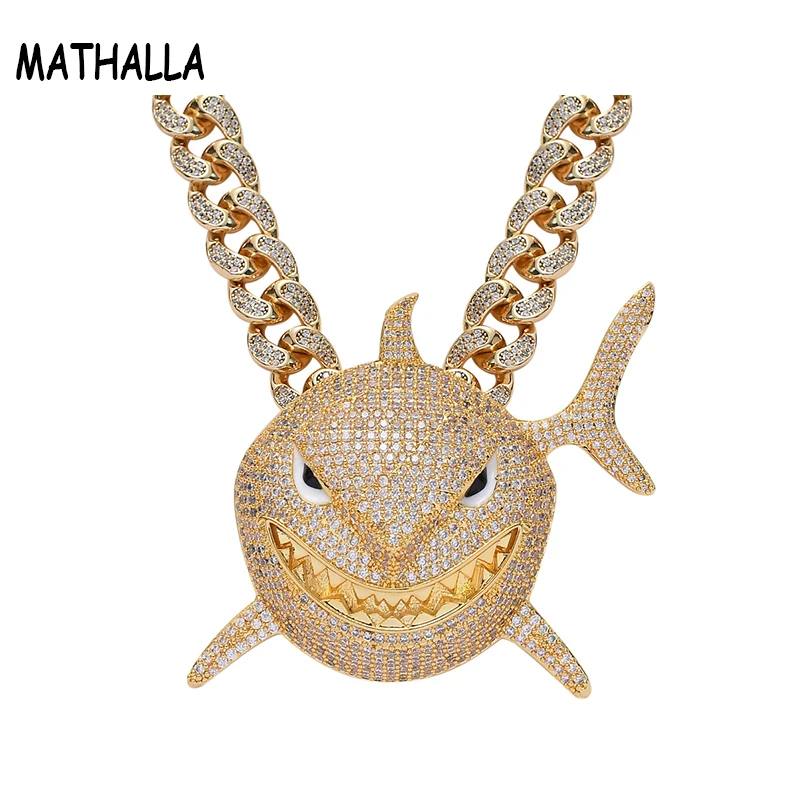 

MATHALLA Hip Hop Iced Out CZ Shark Pendant Cuban Chain Necklace Micro Paved Cubic Zircon Exaggerated Men Animal Jewelry Joyas