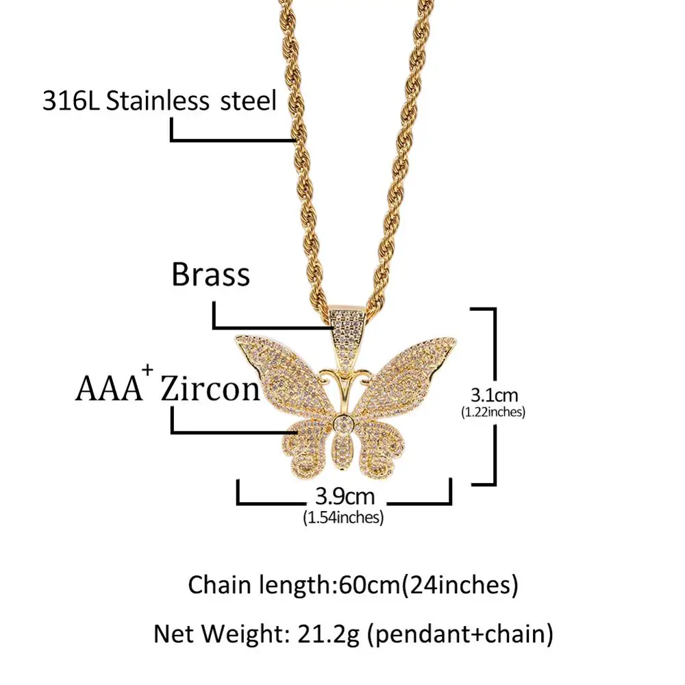 

TBTK Hiphop Butterfly Pendants Necklace Fashion Jewelry Full Iced Out CZ Gold Strip Luxury Bling Choker Necklace Chic Accessory