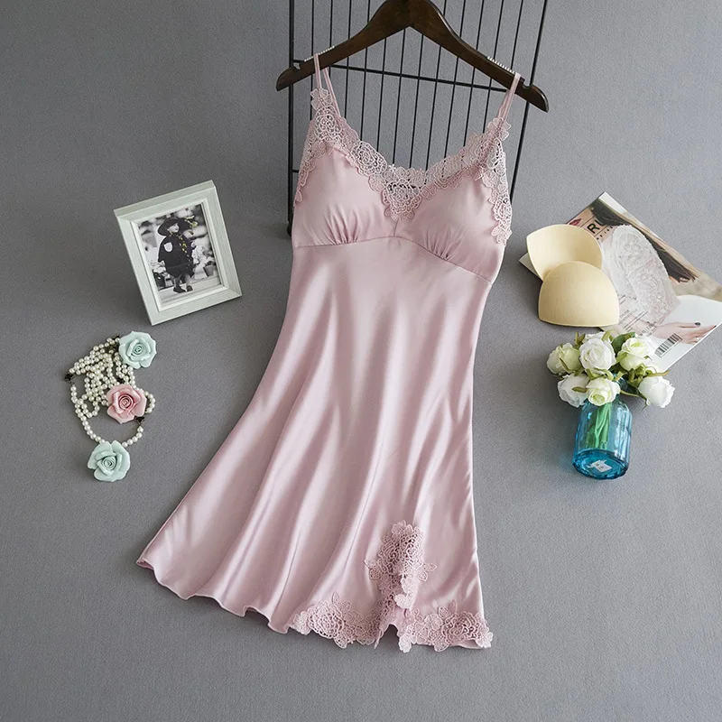 2019 Летняя женская сексуальная ночная рубашка шелковое белье с v образным вырезом