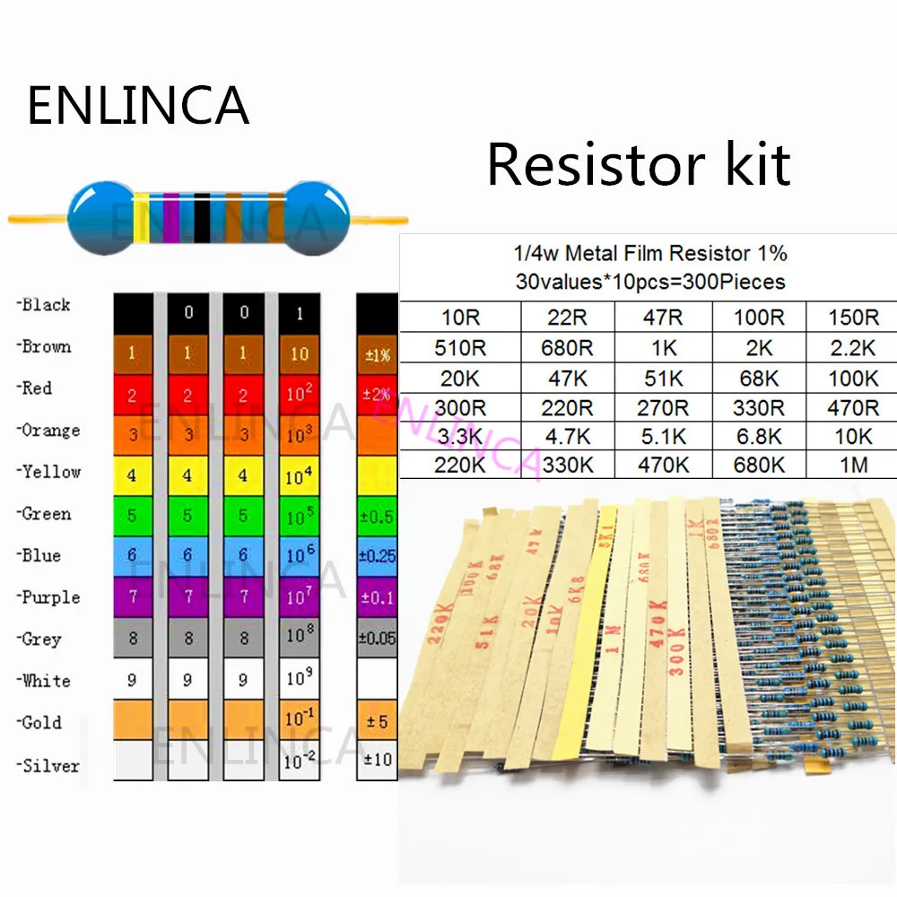 

300pcs/lot 30Values* 10pcs 1% 1/4 W resistor pack set diy Metal Film Resistor kit use colored ring resistance (10 ohms~1 M ohm)