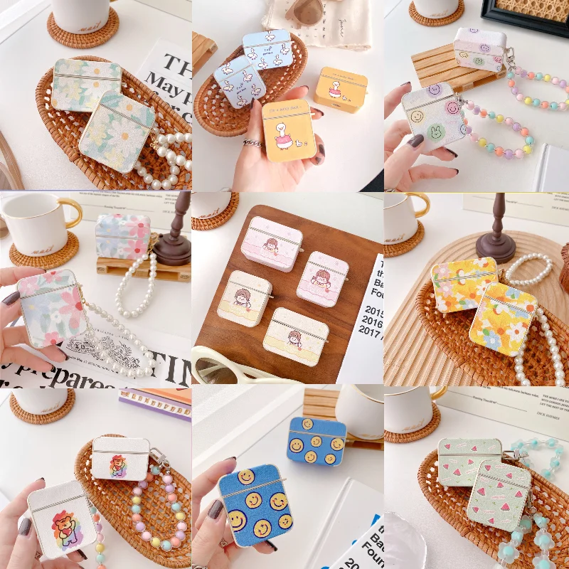 

Кожаный чехол для наушников Ins с рисунком хризантемы, чехол для наушников Airpods 1 2 Pro, чехол для наушников с цветочным фрагментом и брелоком