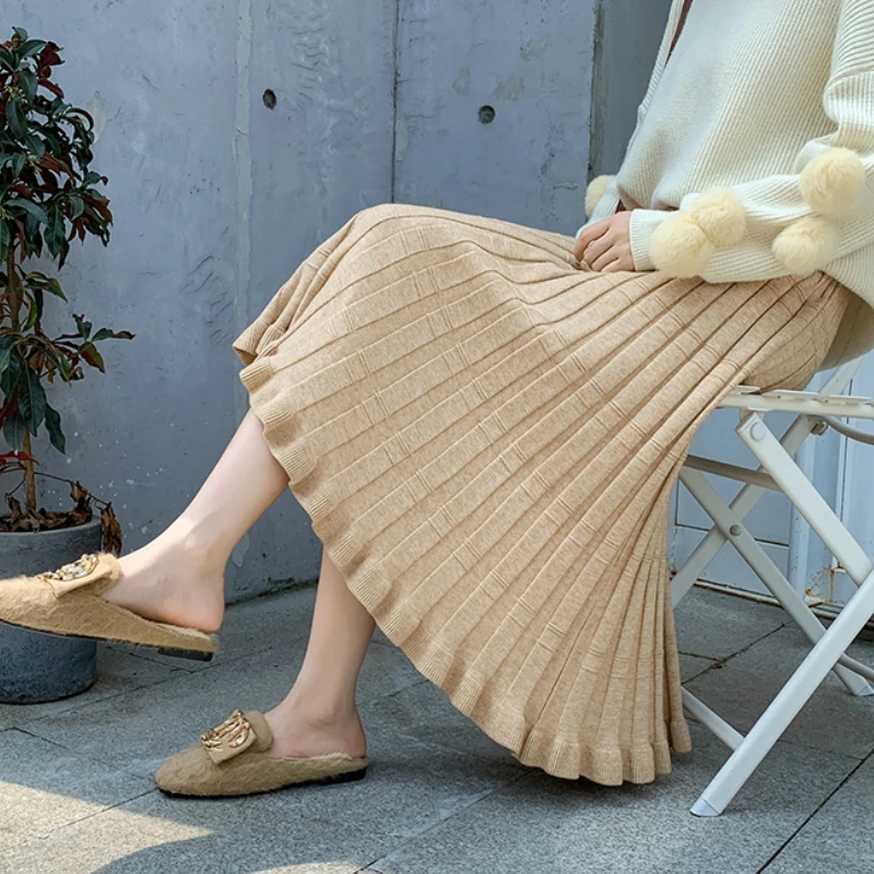 Осенние вязанные длинные юбки трапециевидной формы с эластичным поясом