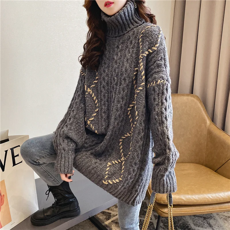 

SALEQI Women Turtleneck Sweaters for 2020 Knit Jumpers Long Twisted Pullovers Grey Bandage Christmas Sweaters Pull Femme Hiver