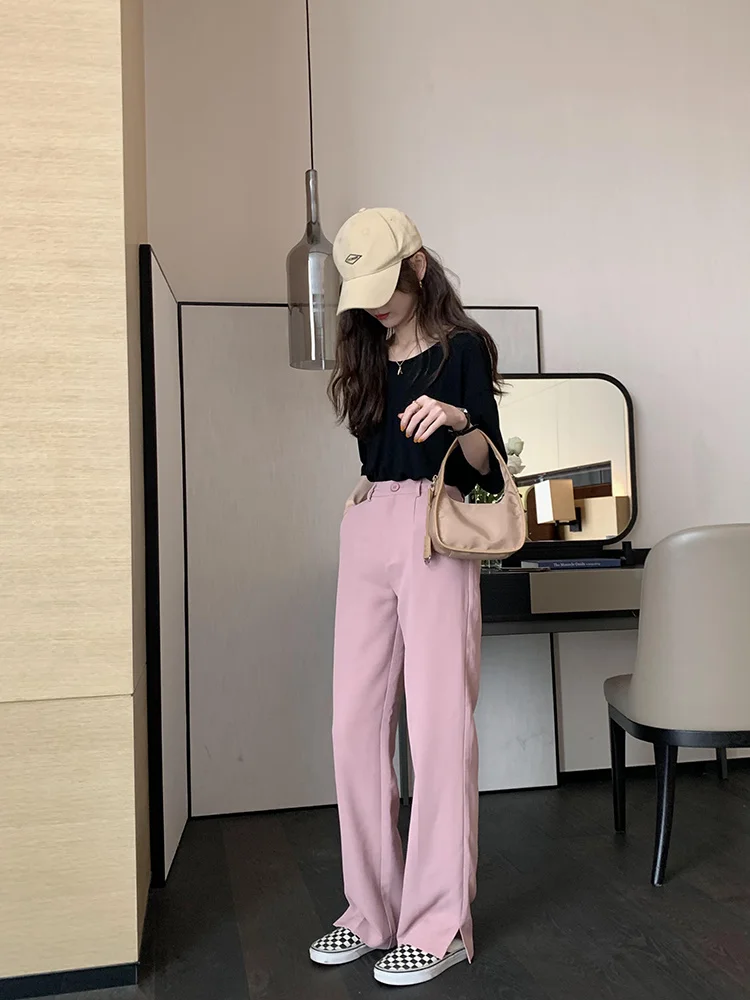 Черные темпераментные брюки женские вертикальные прямые с высокой талией костюм