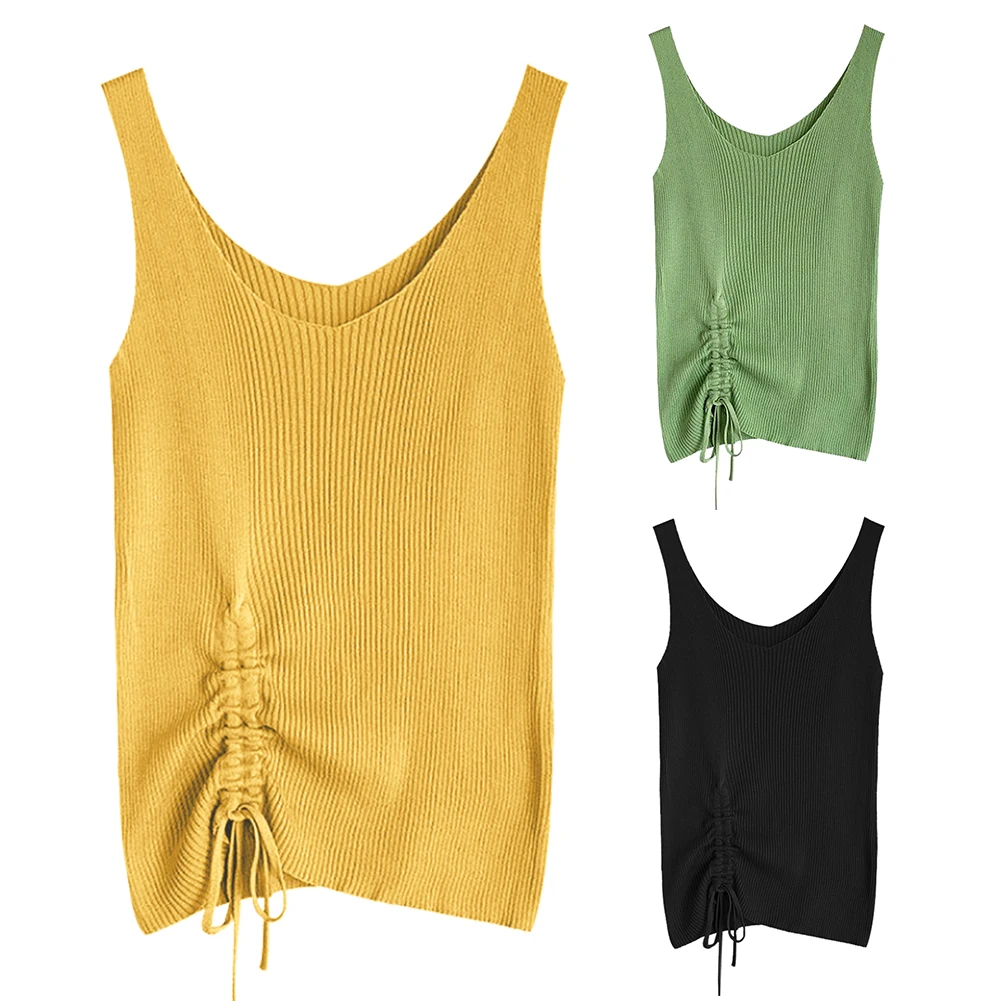 tops women Women Solid Color Scoop Neck top Sleeveless Ribbed Drawstring Knit Vest Top Blouse tops women 2020