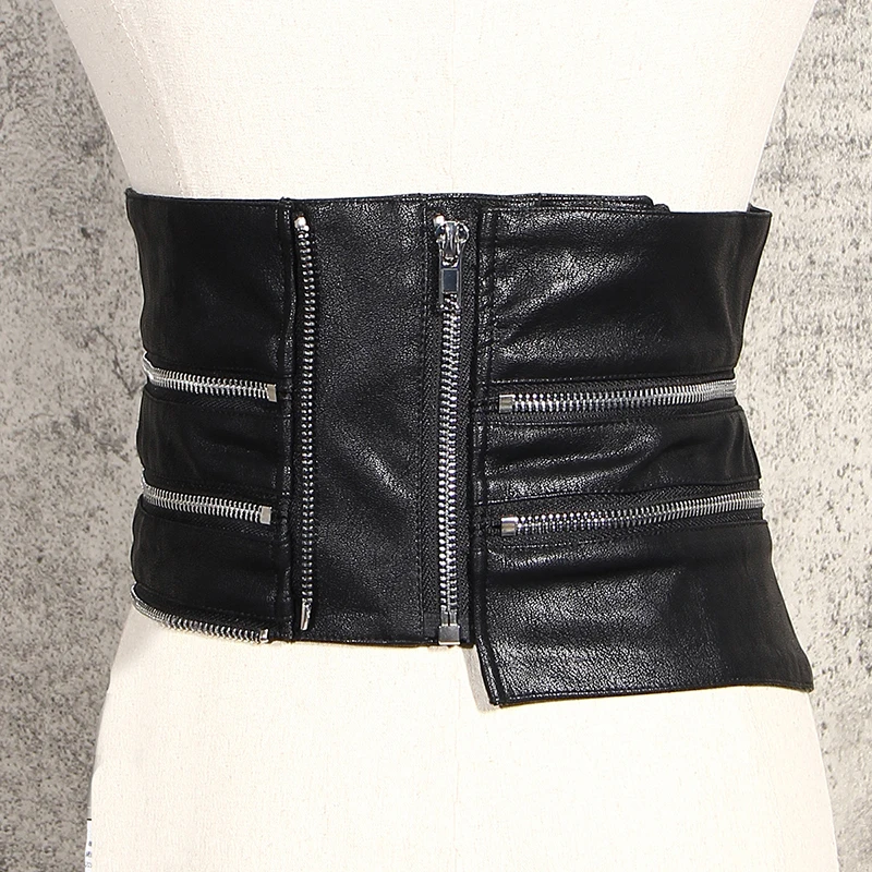 TWOTWINSTYLE Casual Two Piece Set For Women Lapel Puff Sleeve Shirt PU Leather Patchwork Zipper Belt Female Sets 2020 Fall Tide