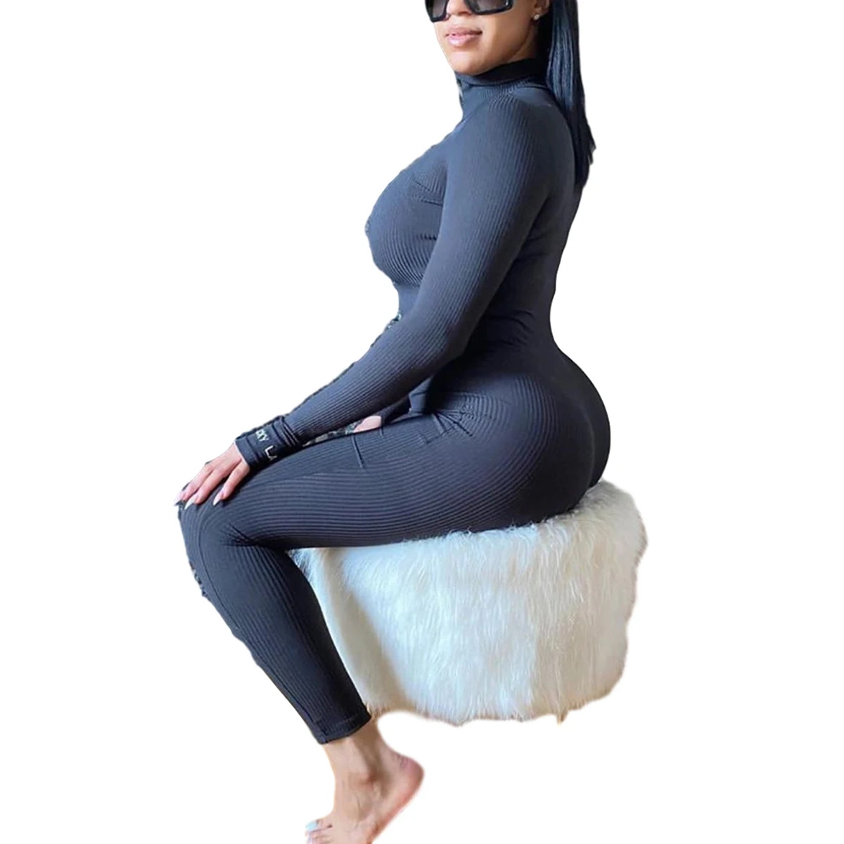 

Women Embroidery Rib Zipper Jumpsuit High Neck Long Sleeve Bodycon Tights Long Rompers Party Clubwear Outfits Bodysuits