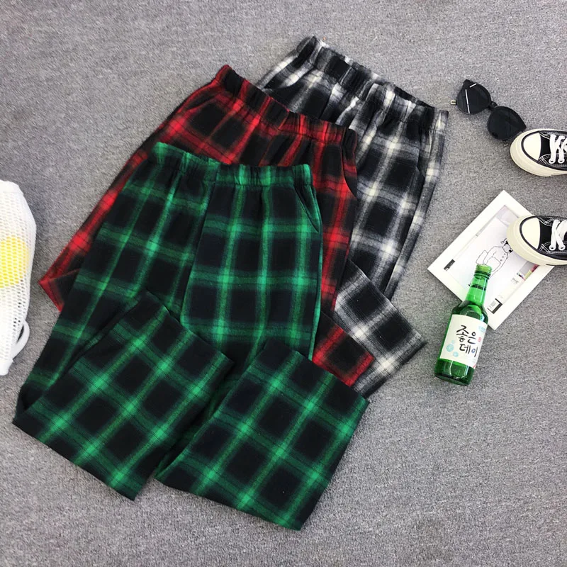 Брюки женские клетчатые с завышенной талией и широкими штанинами | Женская