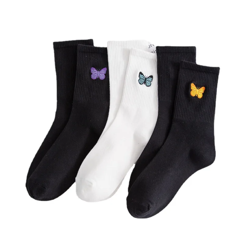 

Embroidered bowknot women's socks Korean style trendy socks simple black and white solid color personality stockings