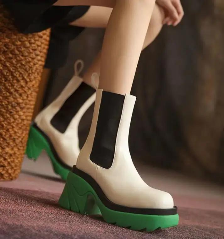 

New Fashion Women Ankle Boots Mixed Color Bottom Boots Platform Slip on Ladies Shoes Retro Casual Females Rain Boots Combat Boot