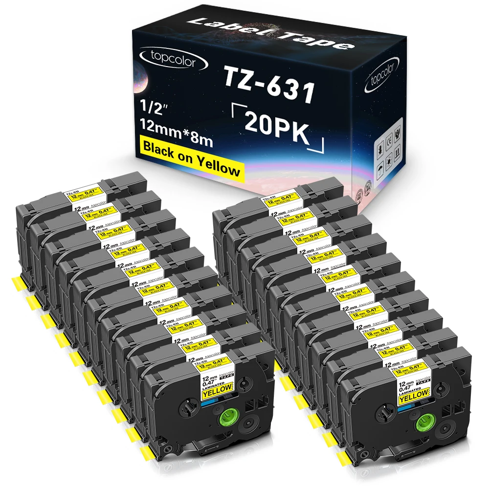

20PK Black on Yellow 12mm Label Tape 231 631 Compatible with Brother P Touch Label Maker for Brother Label Sticker tz231 tz131