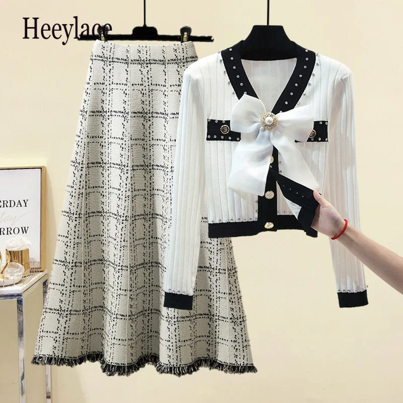 

Women Autumn Winter Vintage fragrant Knitted Two Pieces Sets Korean Long Sleeve Knit Cardigan And High Waist Plaid Skirts Sets