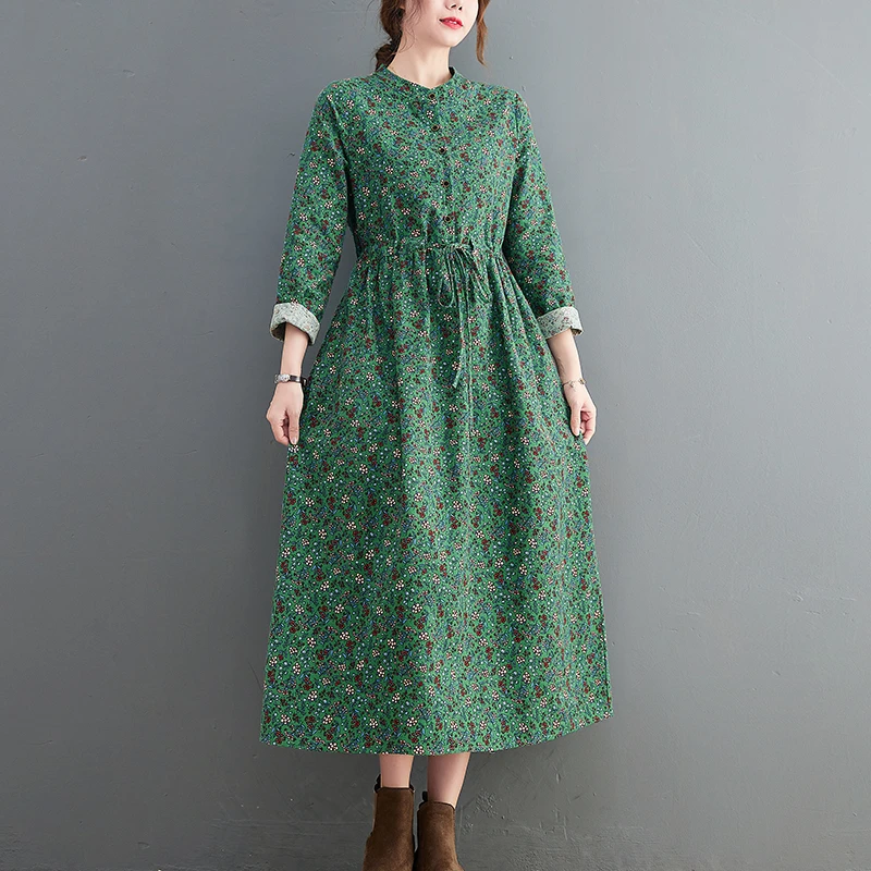 

2022 New Spring Autumn Cotton Linen Vintage Print Green Dress For Women Casual Long Dresses Elegant Ladies Clothes Femme Robe