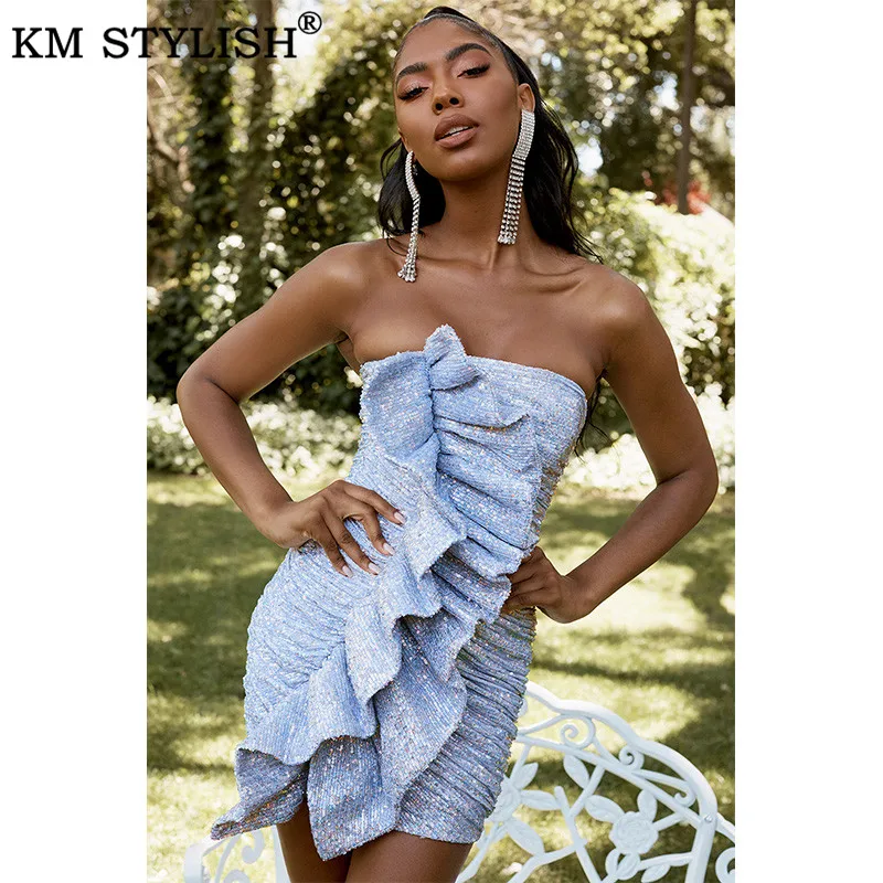 КМ СТИЛЬНЫЙ 2019 Женская Одежда Vestidos Ruffles Платье Новой Моды Сексуальный Пайетки Труба Верхнее Коктейльная Вечеринка Bodycon Сумка Бедро.
