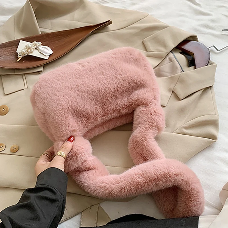 

2 Pcs Women's Plush Solid Color Shoulder Underarm Bag Soft Autumn and Winter Handbag Retro Mini Tote Bag Pink & Khaki