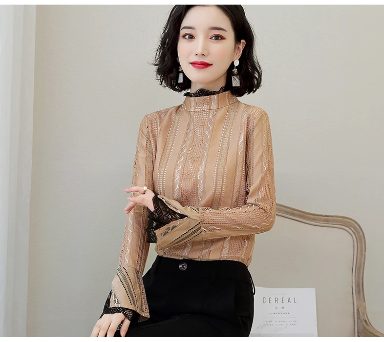 Женские рубашки Однотонные блузки женские кружевные с длинным рукавом blusas mujer de