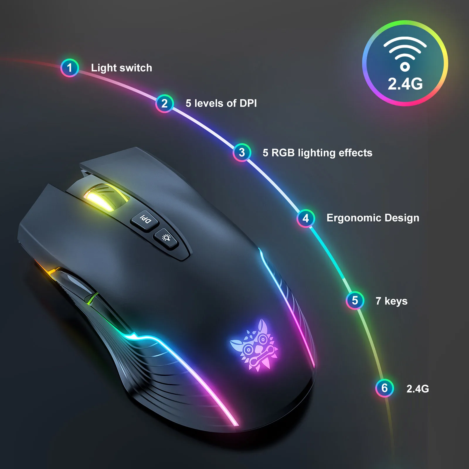 

ONIKUMA 2.4G Wireless Gaming Mouse RGB Backlit E-sports Mouse Optical Computer Mice 5 Adjustable DPI with 7 Programmable Buttons