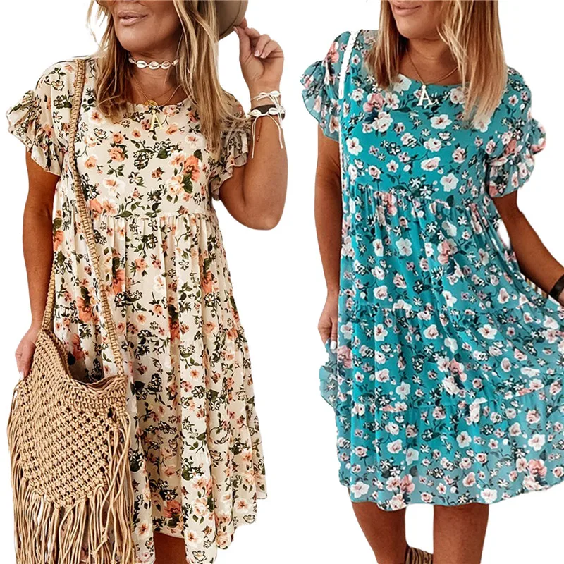 

Bohemian Women Vintage Flower Print Party Beach Dress Fashion Women O-neck Short Sleeve Ruffles Dress Women Holiday Clothes