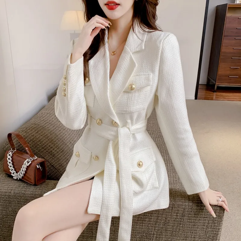 

Runway Fall Winter Korean Small Fragrant Jacket Women's Korean Elegant Sweet Slim Lace Up Suit Coat Outerwear Dress