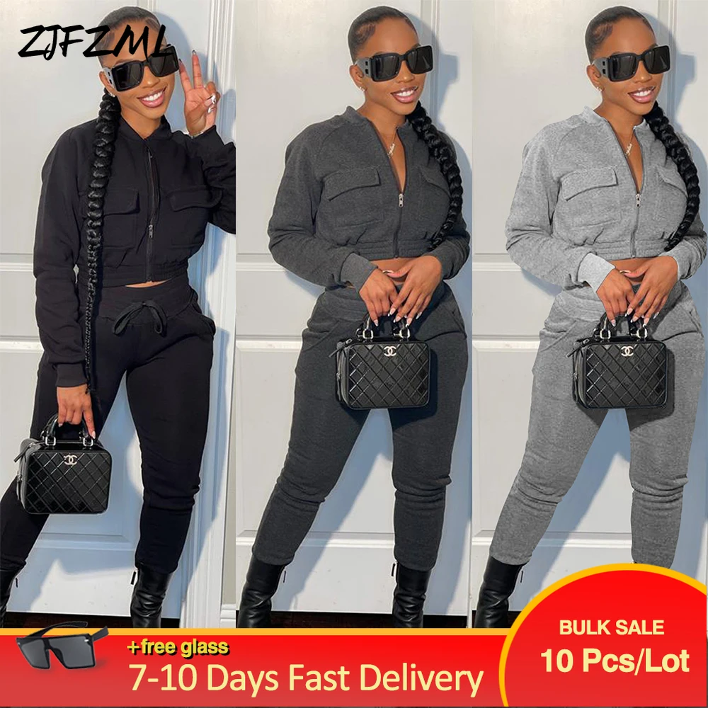 

Bulk Wholesale Items Lots Casualwear Women's Sets Plush Fabric Warm Full Sleeve Baseball Coat & High Waist Bodycon Trouser Suits