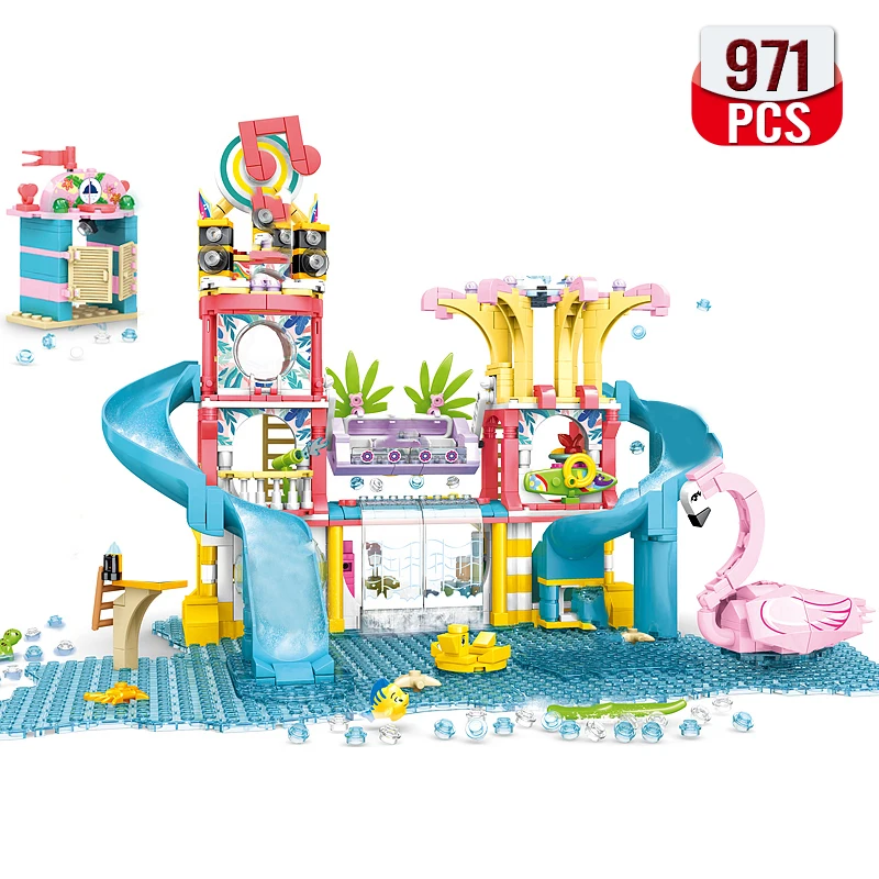 

Technical Ideas Girl Summer Beach Building Block Camping Car Seafood Restaurant Water Park Beach Villa Toys Gift For Children