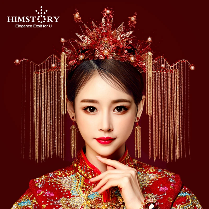 

HIMSTORY Traditional Chinese Bridal Headdress Ancient Phoenix Crown Red Pearl Tassel Chain Wedding Coronet Hair Accessories