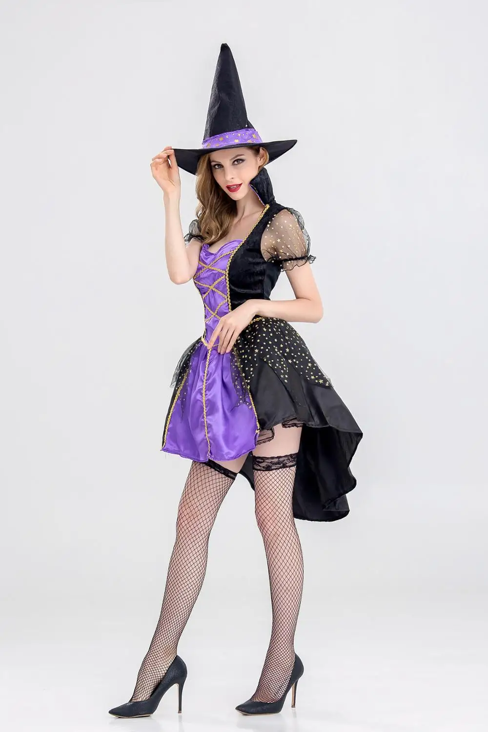 Костюм ведьмы на Хэллоуин для женщин и взрослых Сексуальное Фиолетовое Платье