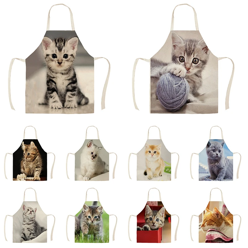 

Kitchen Apron Lovely Cat Printed Linen Aprons for Men Women Home Cleaning Tools WQ013