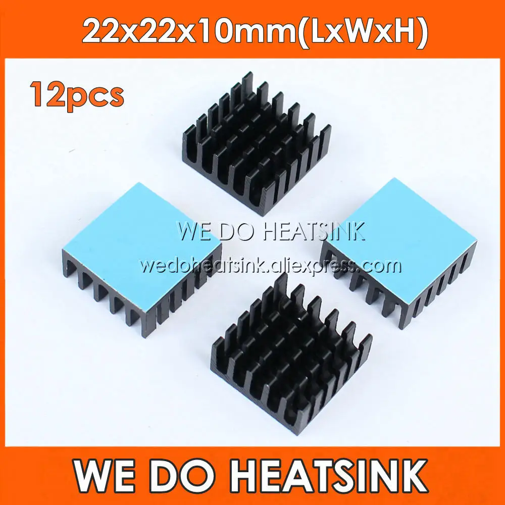 WE DO HEATSINK 12pcs 22x22x10mm Radiator Heat Sink Cooler With Tape Black Anodized For CPU and Metal Ceramic BGA Packages and PC