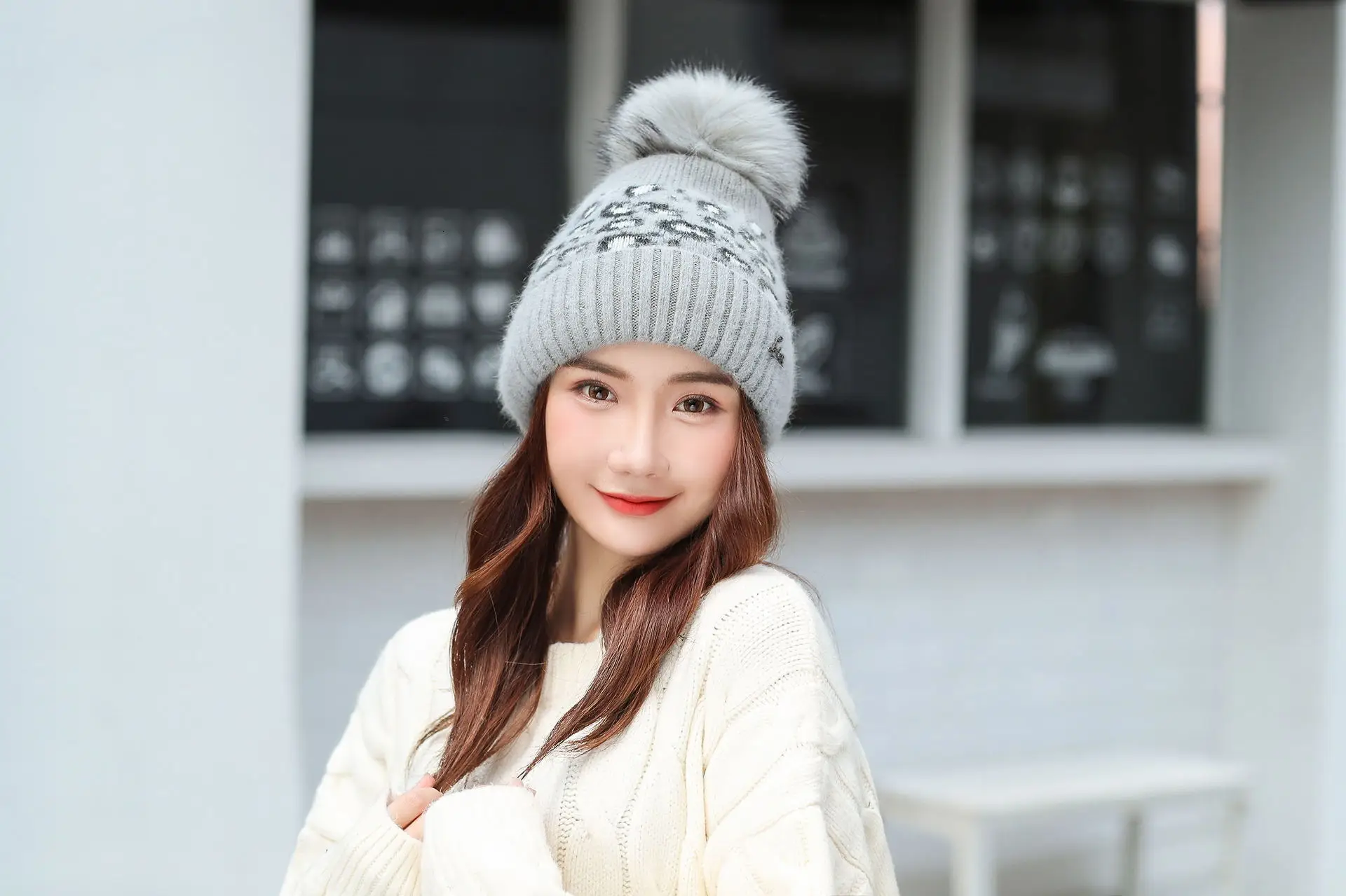 Women Beanies Pom Poms Rabbit Hat Beanie Knitted Skullies Fashion Caps Ladies Knit Cap Winter Hats For Women