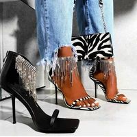 sexy fringe zebra pattern women sandals stiletto plus size 35 42 crystal high heels rhinestone zipper square toe wedding shoes
