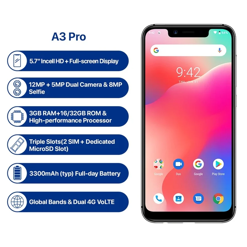 UMIDIGI A3 PRO смартфон с 5 7 дюймовым дисплеем четырёхъядерным процессором MT6739 ОЗУ 3 ГБ