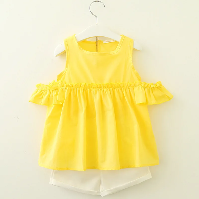 

2021 Summer Women's Off ShoulderFungus Side Sleeve Baby Shirt Shorts Two Piece Suit Children's Suit Girls' Wear