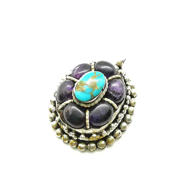 

Tibetan Pendants Copper Inlay Natural AmethystCrystal Egg Beads Flower Pendant Vintage Jewelry TBP264