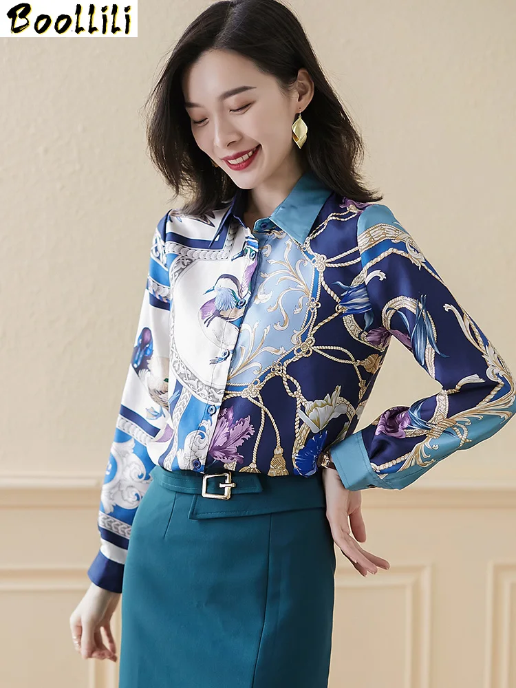 Boollili Women's Shirt 100% Silk Vintage Blouse Women Clothes 2020 Spring Autumn Shirt Women Tops Long Sleeve Blouse Ropa Mujer