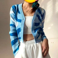wywmy camouflage knitted cardigan sweater women v neck single breasted fashion water ripple cropped top lady sweet short jacket