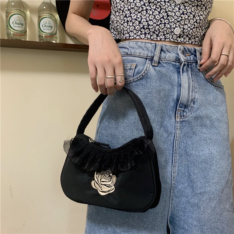 

Elegant Flower Ladies Nylon Hobos Tote Handbags Lace Embroidery Women Underarm Bag Design Female Clutch Purses Shoulder Bags